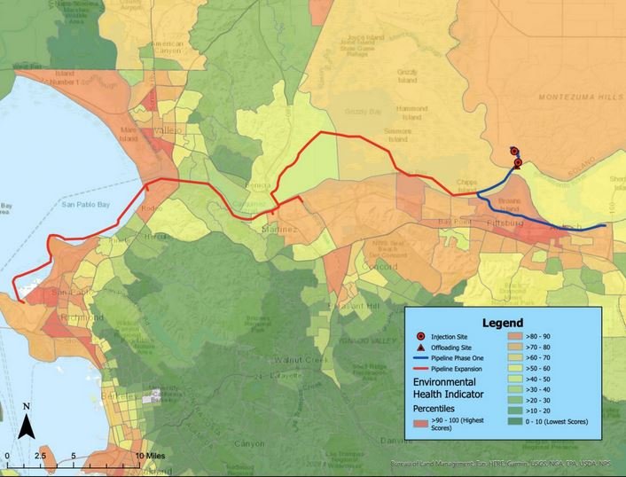 CalEnviroScreen 4.0 SB 535 Disadvantaged communities map with proposed pipeline route overlayed
